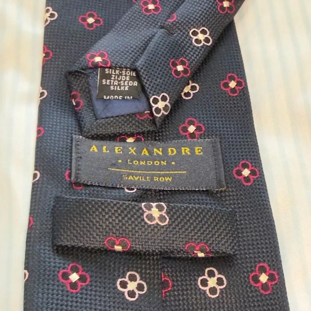 Alexandre London Savile Row Men's Navy Blue Floral Pattern Necktie made in Italy